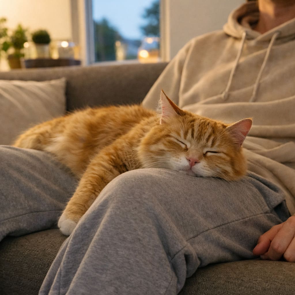 Cat resting on lap, hands gently resting on cat, warm golden light